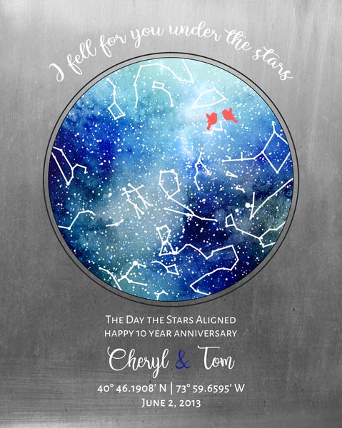Metal Art Plaque. Custom Star Map on Tin Anniversary Gift #1758. Personalized 10th anniversary gift for Cheryl E.