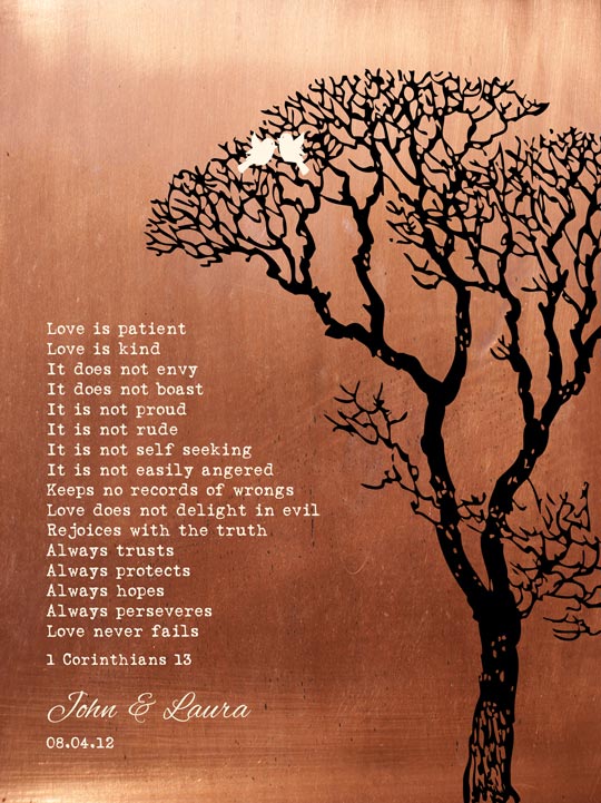 Metal Art Plaque. Corinthians on Copper 7 Year Art Print Gift for Wife #1296. Personalized 7 year anniversary gift for John G.