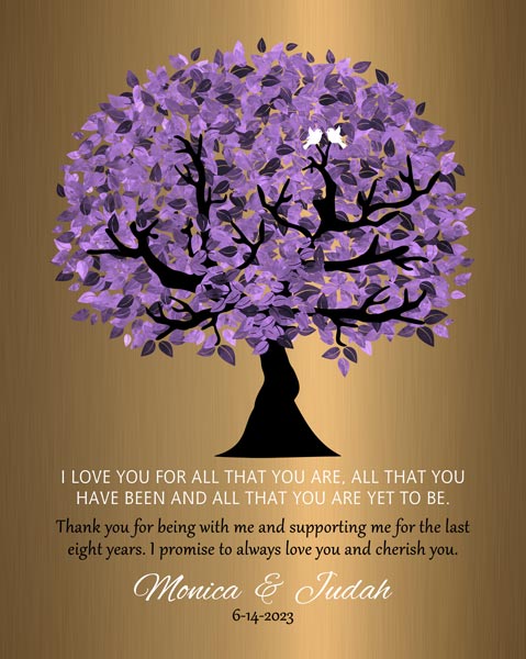 Metal Art Plaque. 8th Anniversary Purple Tree on Brass Gift #1481. Personalized 8th anniversary gift for Judah H.