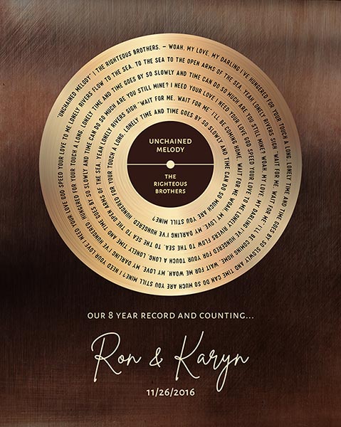 Our Song Lyrics on Bronze 8 Year Anniversary Spiral Record Label – Custom Art Print for Karyn C