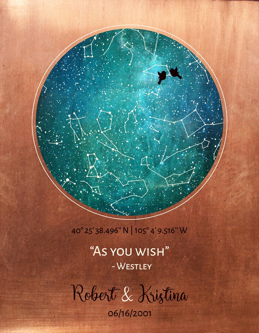 Metal Art Plaque. Star Map on Copper Anniversary Gift #1759. Personalized 7th anniversary gift for Kristina K.