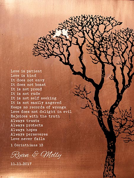 7 Year Anniversary Tree Poem on Copper Corinthians 13 – Custom Art Print for Ryan W