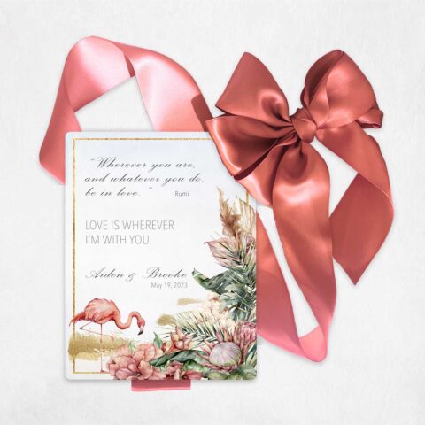 Pink Flamingo Metal Wedding Invitation Tropical Paradise Deluxe Luxury Suite with QR Code #11113
