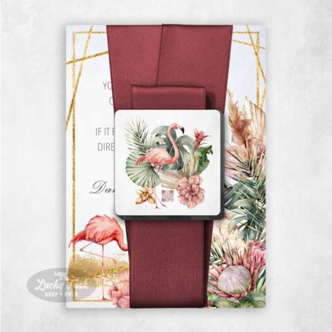 Pink Flamingo Metal Wedding Invitation Tropical Paradise Deluxe Luxury Suite with QR Code #11113