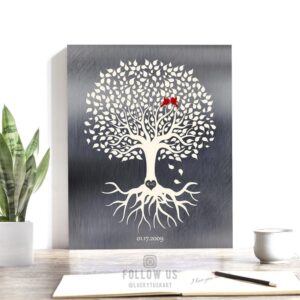 10 Year Anniversary | Tree With Roots | Minimalist Design | Gift for Couple | Tin Gift | Carved Initials | Aluminum Gift Custom Art #1210
