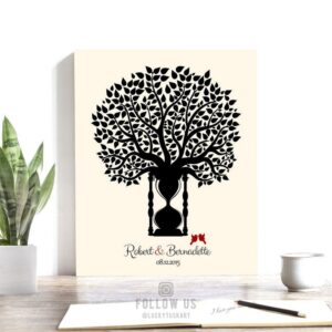 1 Year Anniversary Traditional Paper Black Cream Personalized Hourglass Tree Gift For Couple Custom Art Print #1388