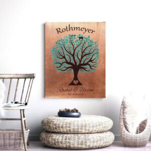 7 Year Anniversary Personalized Family Wedding Tree Faux Copper Turquoise Gift For Couple Custom Art Print #1377