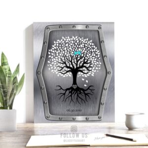 11th Anniversary Personalized Wedding Tree Faux Steel Background Turquoise Gift For Couple Custom Art Print #1374