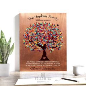 Perfect Marriage Family Tree Colorful Canopy Faux Copper 7 Year Anniversary Gift Custom Art Print 1345