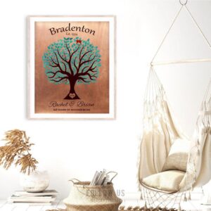 22nd Anniversary Personalized Traditional Wedding Tree Faux Copper Turquoise Gift For Couple Custom Art Print #1385