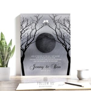 Personalized Love Poem Night Moon Bare Trees Faux Shiny Tin Background White Doves Custom Art Print 1344