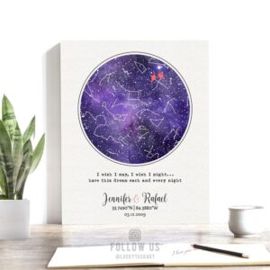 February Anniversary Gift, Personalized, Custom Star Map, Amethyst, Purple, Watercolor, Night Sky, Cotton Canvas, Tin Sign, Paper Print 1754