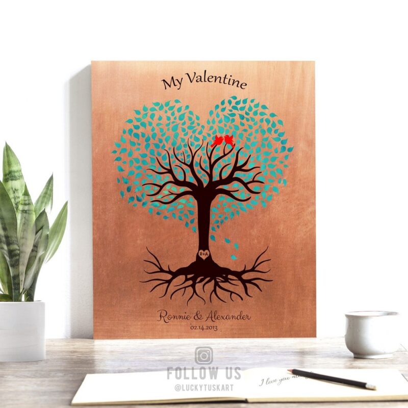 7 Year Anniversary, Valentine, Copper Anniversary, Personalized, Heart Shaped Tree, Turquoise - Custom Metal, Canvas or Paper Print #1814