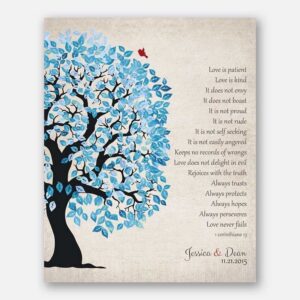 1 Corinthians 13 Blue And White Wedding Tree Love Is Patient Vintage Personalized Tin 10 Year Anniversary #1280 - Lucky Tusk Art #AMZ-1280