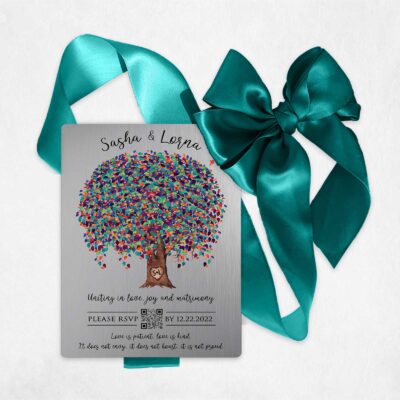 Watercolor Weeping Willow Tree with Carved Initials in Trunk Metal Wedding Invitation #11104