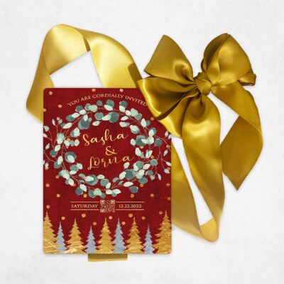 Christmas Wedding Holiday Wreath Red and Gold Metal Wedding Invitation with QR Code #11108