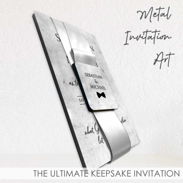Metal Wedding Invitation shown with magnetic ribbon closure