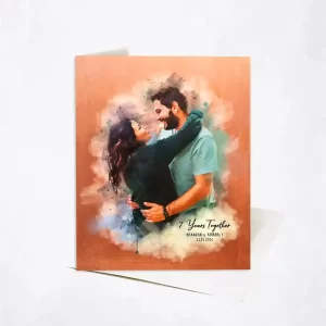 Copper Watercolor Portrait 7th Anniversary Card Gift for Couple C-1837