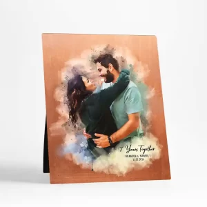 Copper Watercolor Portrait 7th Anniversary Desktop Plaque Gift for Couple D-1837