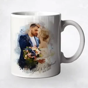 Cotton Watercolor Portrait 2nd Anniversary Coffee Mug Gift for Couple M-1839