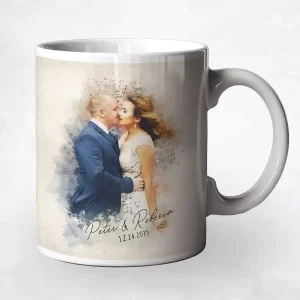 Cotton Watercolor Portrait 2nd Anniversary Coffee Mug Gift for Couple M-1849