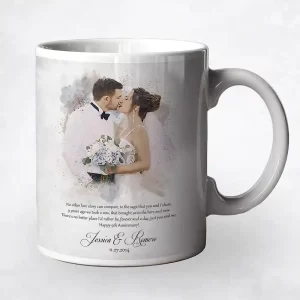 Cotton Watercolor Portrait 9th Anniversary Coffee Mug Gift for Couple M-1853