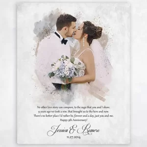 Cotton Watercolor Portrait 9th Anniversary Wall Plaque Gift for Couple LTC-1853