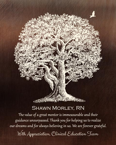 Metal Art Plaque. Oak Tree Mentor Gift #1397. Personalized end of semester gift for Angela G.