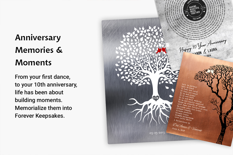 Images of anniversary plaques with trees and first song lyrics for the couple to commemorate every anniversary milestone and moment