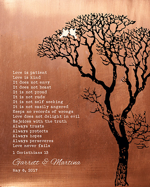 Read more about the article 7 Year Anniversary Bare Tree Beside 1 Corinthians 13 Metal Art – Custom Art Print for Bianca L