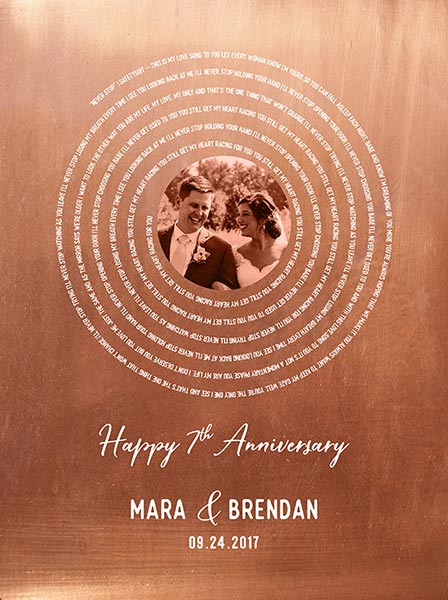 Read more about the article Our Song Lyrics in Spiral on Copper 7th Anniversary Photo Record Label – Custom Art Print for Brendan M