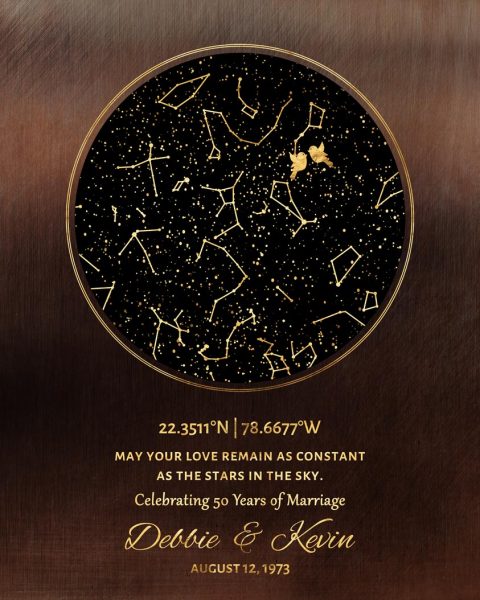 Metal Art Plaque. 50th Anniversary Golden Star Map Gift for Parents #1746. Personalized 50th anniversary gift for Debbie J.