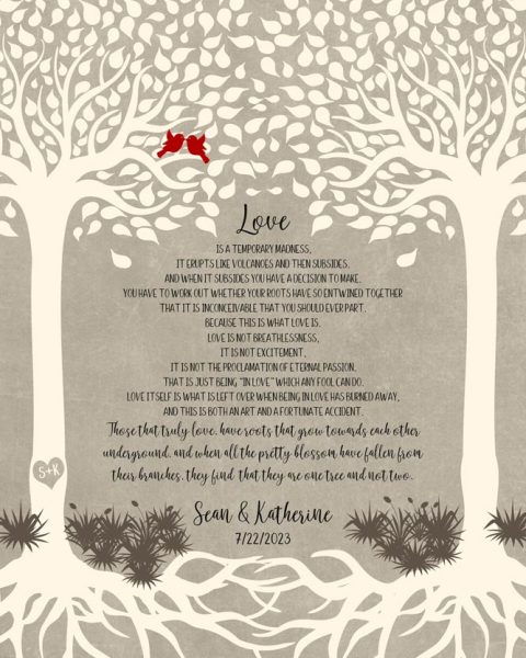 Paper Print. Two Trees Corelli's Mandolin Reading Wedding Gift #1766. Personalized wedding gift for Katherine M.