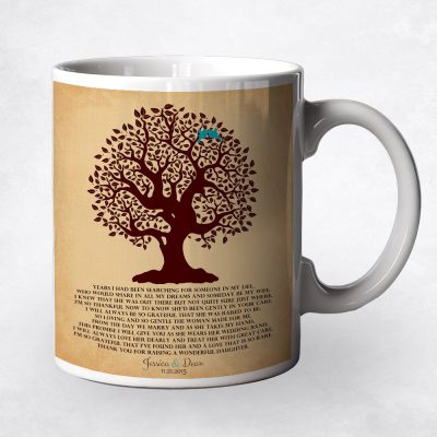 Closeup image of Knotty Tree coffee mug wedding gift