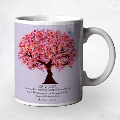 Closeup image of Pink Tree coffee mug Grandparent's Day gift