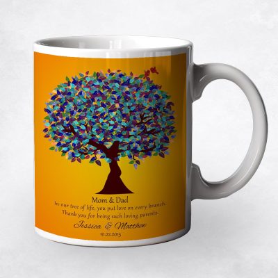 Closeup image of Peacock Tree coffee mug appreciation gift