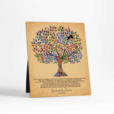 Closeup image of Watercolor Tree Desktop Plaque for a unique  wedding gift for parents D-1258