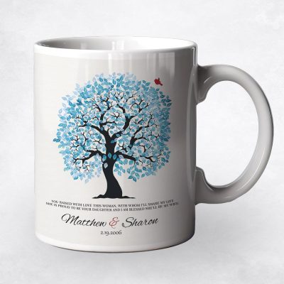 Closeup image of Blue Owl Tree coffee mug wedding gift