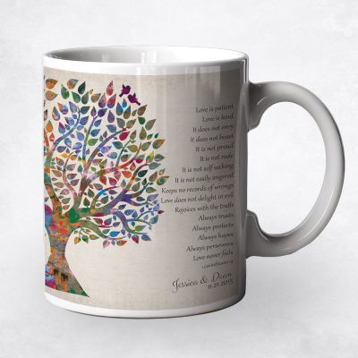 Closeup image of Watercolor Tree coffee mug 10th anniversary gift