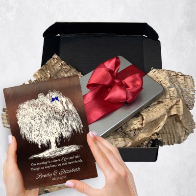 Special delivery gift plaque for  9th anniversary packaged in gift tin box. Ideal for Bronze  anniversary surprise gift delivery.