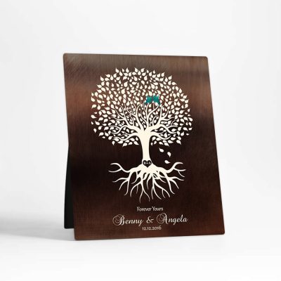 Closeup image of Rooted Tree Bronze Desktop Plaque for a unique  engagement gift for couple D-1426