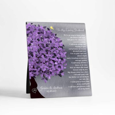 Closeup image of Purple Tree Tin Desktop Plaque for a unique  wedding gift for bride and groom D-1491