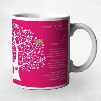 Closeup image of July Birthstone Tree coffee mug engagement gift
