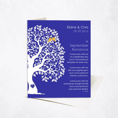 Picture of September Autumn Romance Silhouette Tree Poem on Blue engagement Stationery Card C-1709