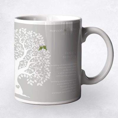 Closeup image of August Birthstone Tree coffee mug birthday gift