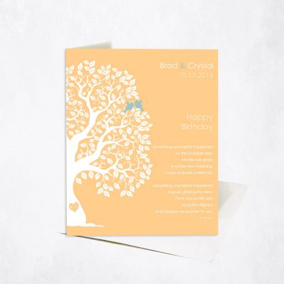 Picture of October Birthday Silhouette Owl Tree Poem on Yellow spouse birthday Stationery Card C-1722