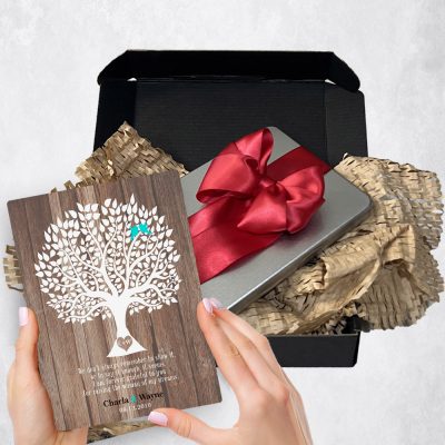 Special delivery gift plaque for  wedding packaged in gift tin box. Ideal for Wood  wedding surprise gift delivery.