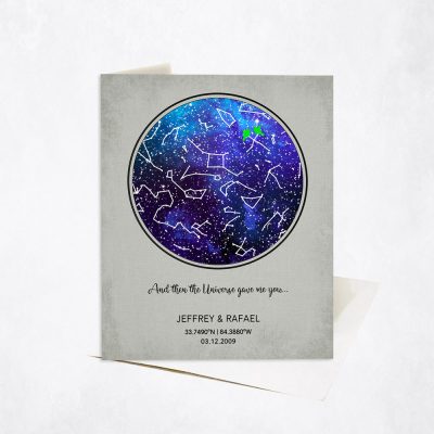 Picture of Blue Custom Star Map The Universe Gave Me You Distressed Linen wedding anniversary Stationery Card C-1755