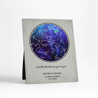 Closeup image of Custom Star Map Night Sky Desktop Plaque for a unique  anniversary gift for couple D-1755