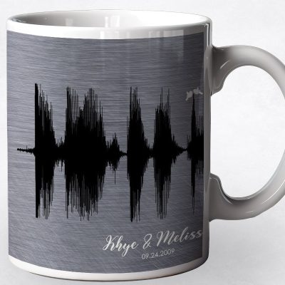 Closeup image of Sound Wave Tin coffee mug 10th anniversary gift